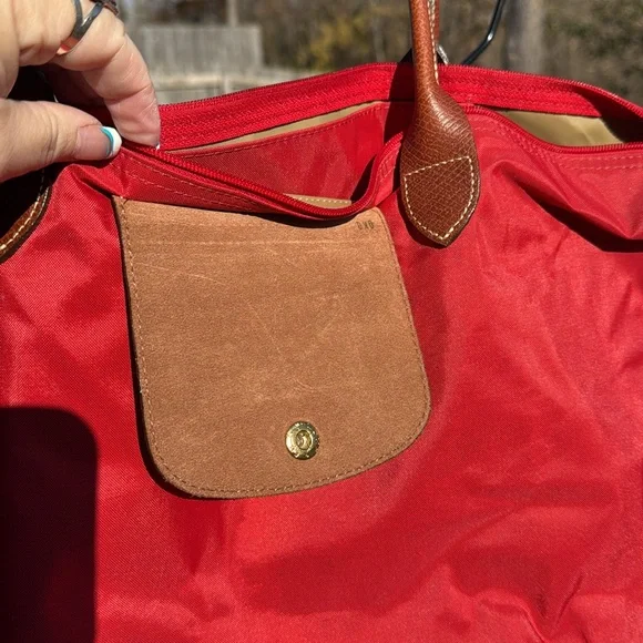 Longchamp Red Orange Le Pliage Large Tote Leather Trim - Picture 5 of 11